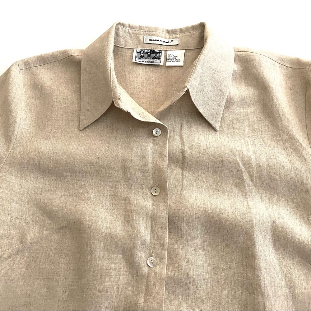 Tan Linen Button-down Top Sz Large Embroidered Floral Lagenlook Shirt Blouse - Picture 6 of 15